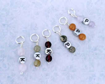 P (purl) and K (knit) stitch markers to mark your row. Silver plated with soldered ring. Made by Kathryn of Crafternoon Treats