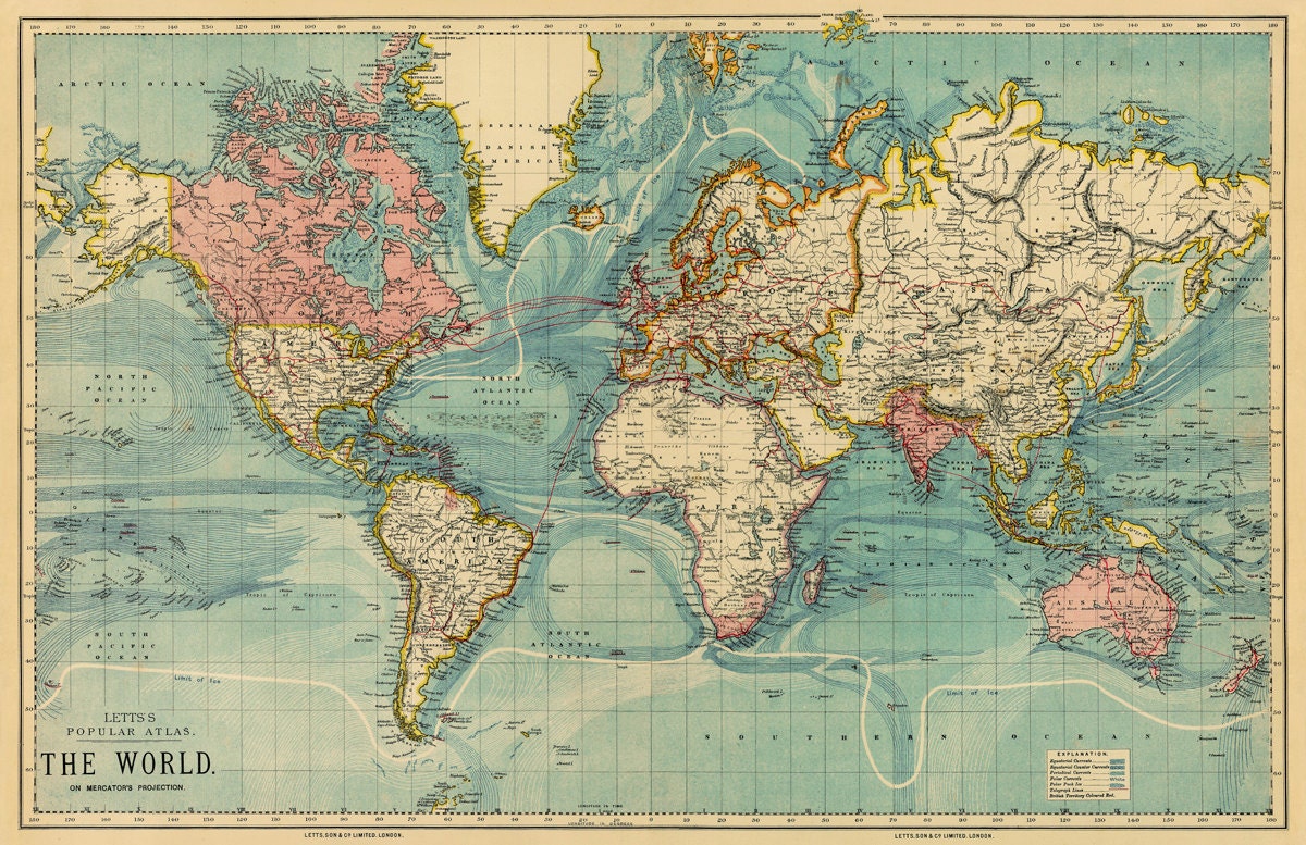 art free decoupage deco map Print 30 world 46.5 of x Vintage the on
