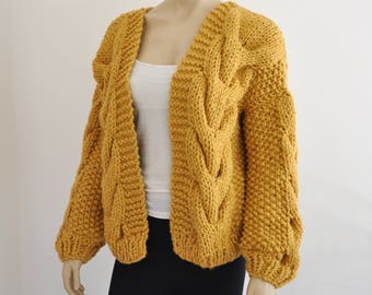 Mustard Oversized Knit Cardigan Chunky Knit Bomber Jacket Hand Knitted Coat