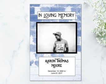 Blue Brick and Music Teen Memorial Program Template - Funeral Program for Young Person - Funeral Template Program Music- Memorial Template
