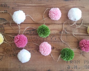 Party Yarn Pom Pom Garland. Baby shower decor, handmade pom pom, princess party garland, pink pom pom, green pom pom, yellow pom pom