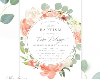 Girl Baptism Invitation Floral: Baptism Invitation Girl Printed, Blush Pink, Peach, White Flowers & Greenery, Scripture - Printable - Cora