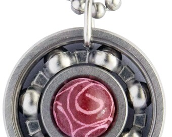 Red Carved Jade Roller Derby Skate Bearing Pendant Necklace