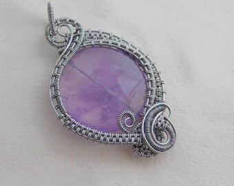 Lavender Amethyst Quartz Large Coin bead Pendant Amulet Wire Wrapped in Titanium Silver Parawire Wire Jewelry Handmade Boho Renaissance