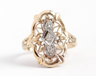 Vintage Filigree Ring - 14k Yellow & White Gold Diamond Shield Jewelry - Art Deco 1930s Size 5 1/2 Fine Statement Floral Embossed Open Metal