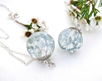 Ice Blue Flower Necklace. Real Flower jewelry. Baby's Breath necklace. Botanical jewelry. Flower Resin jewelry. By OCEAN PETALS