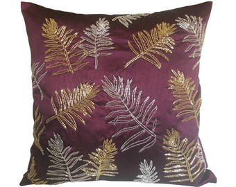 Plum Pillow Cover, Leaf Embroidery Pillow Cover