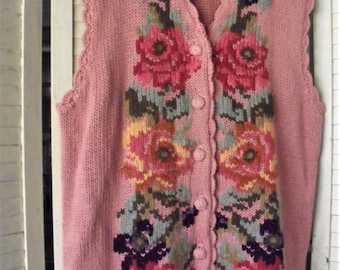 Floral Sweater Vest/ Embroidered Pink Vest/ Eagle's Eye Sweater/ Retro Thrift/ Chic and Romantic/ 80's Vest/ Thrift Chic/ Shabbyfab Funwear