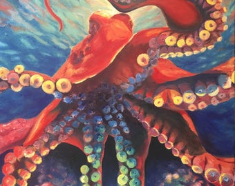 Fine Art Original Oil Painting Octopus Ocean Beautiful