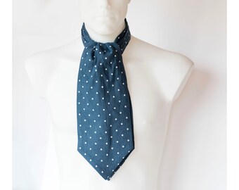 Blue with white polka dots ascot tie cravat, mens fashion accessory, ascot necktie, unisex accessory, linen ascot tie, blue ascot, men ascot