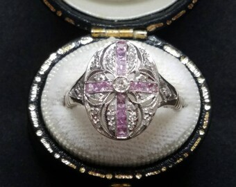 Vintage Pink Sapphire & Diamond filigree ring, 14 WG