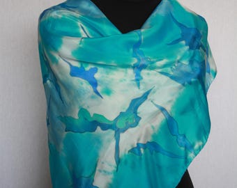 Hand-painted silk scarf (pongé 8), 90 x 90 cm, in turquoise, blue and white, combined techniques (V-0040)
