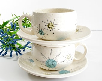 Two Vintage Franciscan Starburst Earthenware Cup and Saucer, Mid Century Modern Design, 1950's Atomic Design, Made in the USA