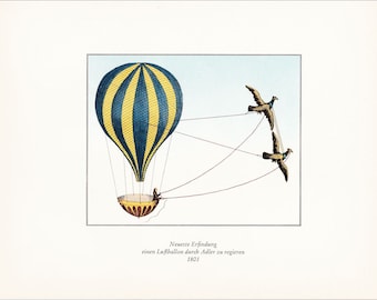 Vintage Balloon Print hot air balloon transport Montgolfier air travel 7 x 9.25 inches