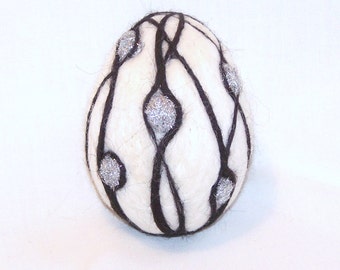 Easter Egg - Needle Felted - White Egg with a Black and Silver Swirl Design - Needle Felting - Easter Decor - Easter Gift