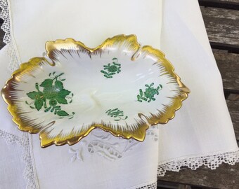 Herend Porcelain Trinket Dish Leaf Dish Green Floral China Leaf Chinese Bouquet
