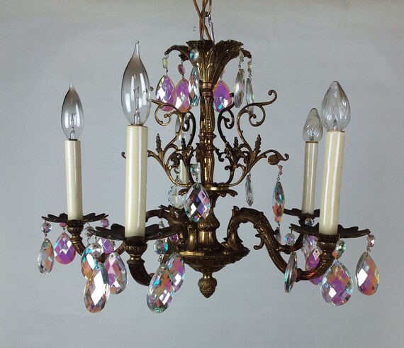 Vintage 5 Arm Ornate Brass Chandelier Clear Crystal Prisms