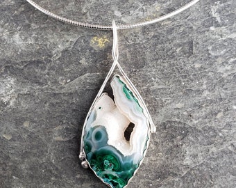 Malachite druzy, sterling silver, OOAK,artisan pendant