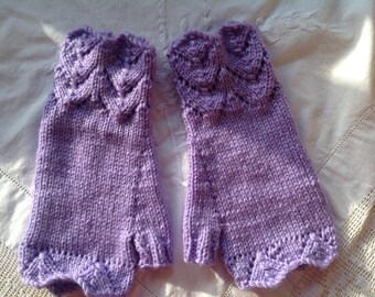 Fingerless lacy cuffed mittens , texting gloves, driving gloves ,lavender color thick,soft , acrylic and wool yarn