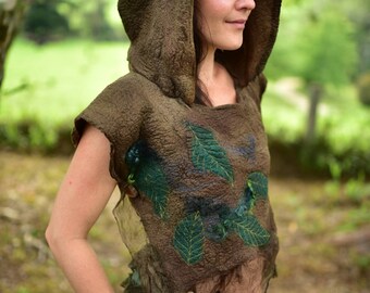 Nuno Felted Forest Cape-Fairy Leaf Poncho-Woodland Pointed Pixie Hooded Cape-Woodland Costume-Pixie Cape-Fairy Costume-Tree Costume OOAK