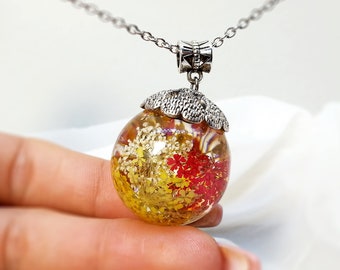 Queen Anne's Lace Resin Pendant - Resin Sphere Necklace - Real Dried Flowers In Sphere - Botanical Jewelry - Pressed Flower Jewelry