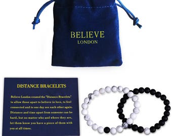 Long Distance Bracelets Relationship Friendship Couples His Hers Black Agate Onyx White Howlite Stones Healing Energy Strong Elastic 2pcs