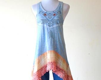 XS - S ~ Cerulean Blue Tribal & Distressed Plaid Tank Sun Dress / Top / Tunic ~ lagenlook teen dress handmade hippie boho chic wearable art