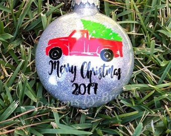 vintage red truck ornaments // farmhouse ornaments // Personalized ornament // glitter ornament