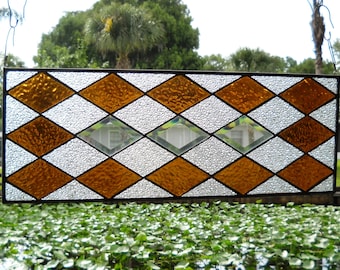 Stained Glass Window Panel, Traditional Diamond Block Quilt, Beveled Stained Glass Panel, Earthtone Gold & Textures, OOAK Window Transom Art