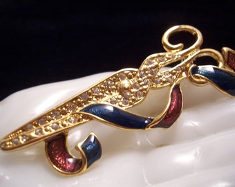 Vintage Rhinestone Scissors With Enamel Ribbon Brooch Pin