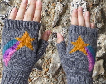 Shooting Star Wrist Warmers, Knit Fingerless Gloves, Knitted Mittens , Wool wristlets