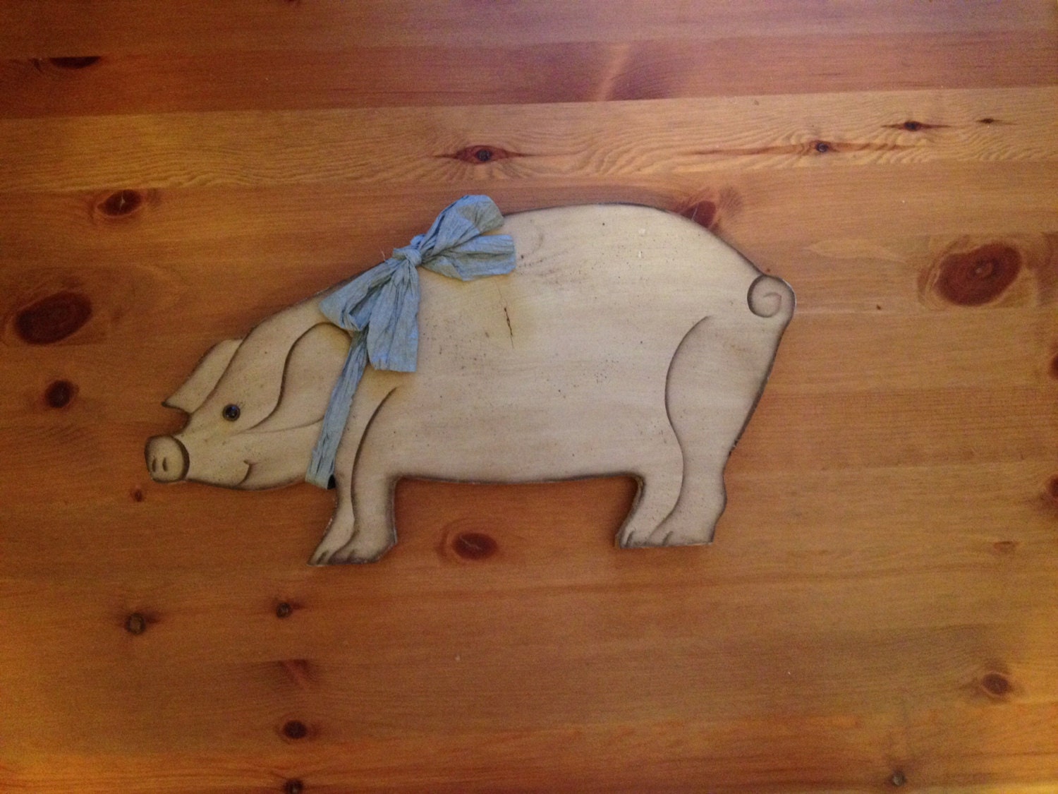 Wood Pig Wall Art Cottage Chic Wooden Pig with Ribbon Wall