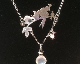 Silver necklace - 'Fledglings' - moonstone - bird charm - one-off