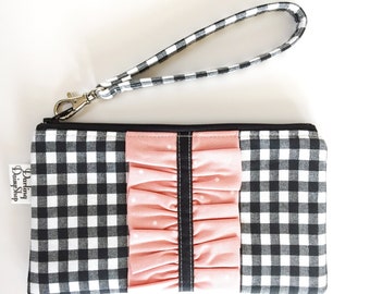 Fabric Wristlet Wallet, Smartphone Wristlet, Clutch Strap, Ruffle Wristlet Wallet, EO Pouch, Ruffled Zipper Pouch, Wristlet for Women