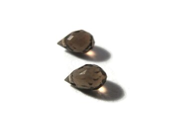 Tiny Matched Pair of Smoky Quartz Beads, Two Natural Gemstone Briolettes, 6mm x 4mm, 2 Stones for Making Jewelry (B-Sq1b)