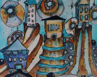 The High Life Zen Houses on 8x8 cradled gessobord by Jodi Ohl