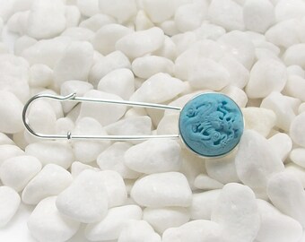 Safety Pin Brooch Wrap Pin Shawl Pin Silver Pin Large Safety Pin Dragon Pin Coat Pin Silver Kilt Pin Blue Pin Sweater Pin - 17034