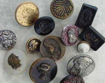 Lot of 14 Vintage Face Buttons