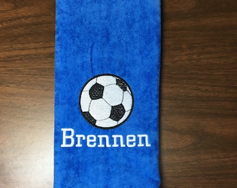 Personalized soccer towel, fast turn around, embroidered towel, name and ball, any towel color, message for team orders, PLEASE!