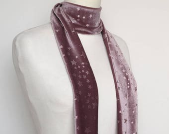 Purple Lavender Stars Velvet Scarf, Skinny Scarf Velvet, Scarf Headband, Women's Skinny Scarf, Necktie, Neck Scarf, Headband, Turban