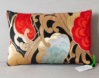 Luxury Kimono Cushion Japanese Obi Pillow in Black Red Pine Trees Matsu with Metallic Gold Accent Embroidery Upcycled Vintage Kimono Silk