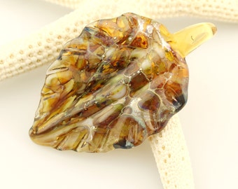 Lampwork bead, Leaf Glass Focal Pendant, Topaz, Brown, Silver