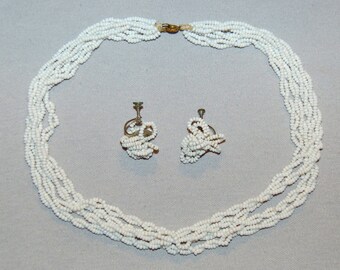 Set Necklace Earrings, White Milkglass, Vintage Old Jewelry