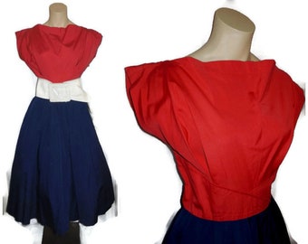 Vintage 1950s Dress Navy Blue Red Full Skirt Cotton Dress Sundress 4th of July Rockabilly Kleid Germany M chest to 38 in