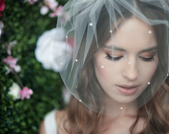 birdcage veil, bird cage veil, blusher veil, tulle bridal birdcage veil, tulle veil, small blusher, veil ~ MARIE MEIDUM w/ Pearls All Over