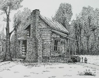 Log cabin print, country, cabin, landscape, mountain cabin, pen and ink, stone chimney, old cabin