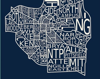Ann Arbor, Michigan Typography Neighborhood Map Print
