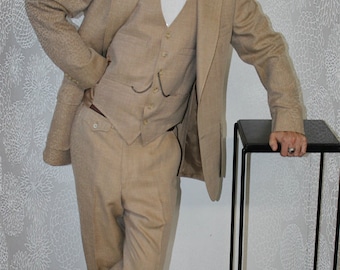 Men's Natural Linen 3 Piece Suit Vintage Linen Suit 70's Men's 2 Button Suit Size 40R Jacket 34 X 31 Trousers