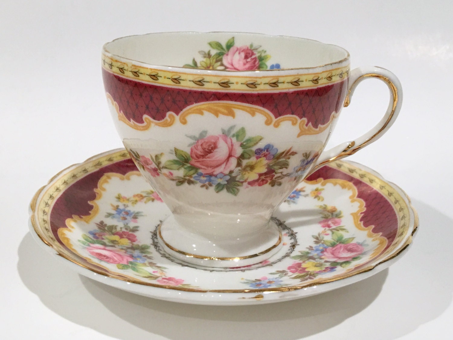 Foley Tea Cup and Saucer, Windsor Pattern, Antique Tea Cups, Red Cups