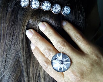Black and White Flower Ring with Adjustable Filigree Ring Base Flower Ring Photo Jewelry Photo Ring Flower Jewelry Nature Jewelry